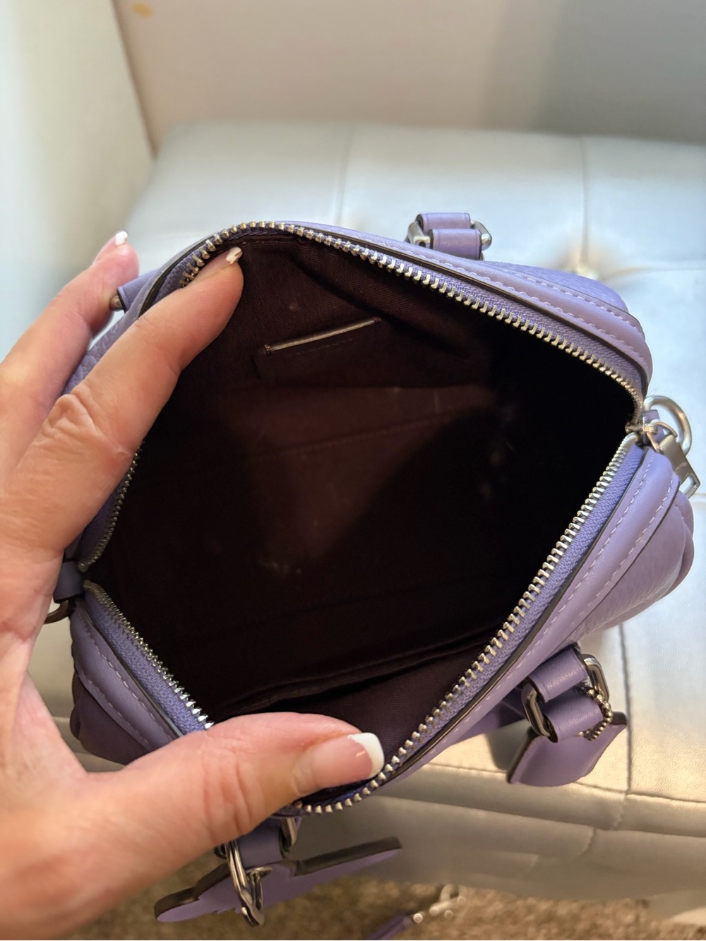 COACH Mini Rowan Pebbled Leather Satchel in Lilac purple new with key charm - Picture 7 of 8